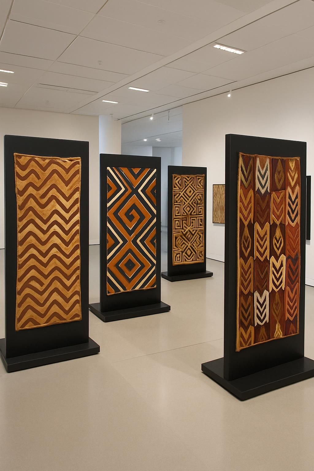 L'exposition de tissus colorés, exposés devant un fond blanc et des murs sans taches, attire le visiteur par le lien possi...